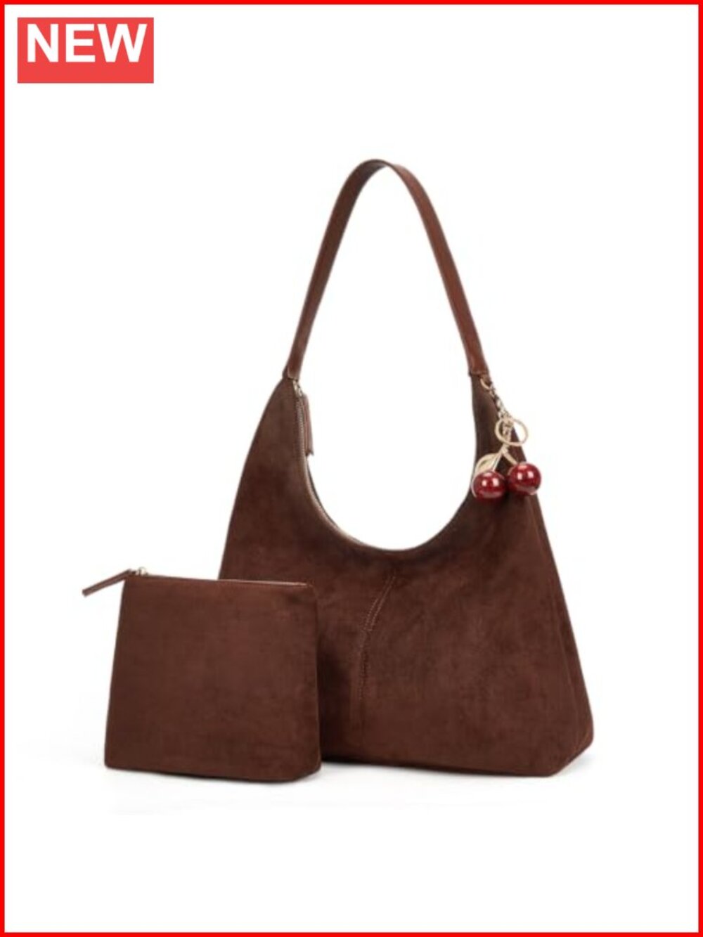 Faux Suede Hobo Bag with Cherry Charm, Shoulder Purse, Slouchy Large